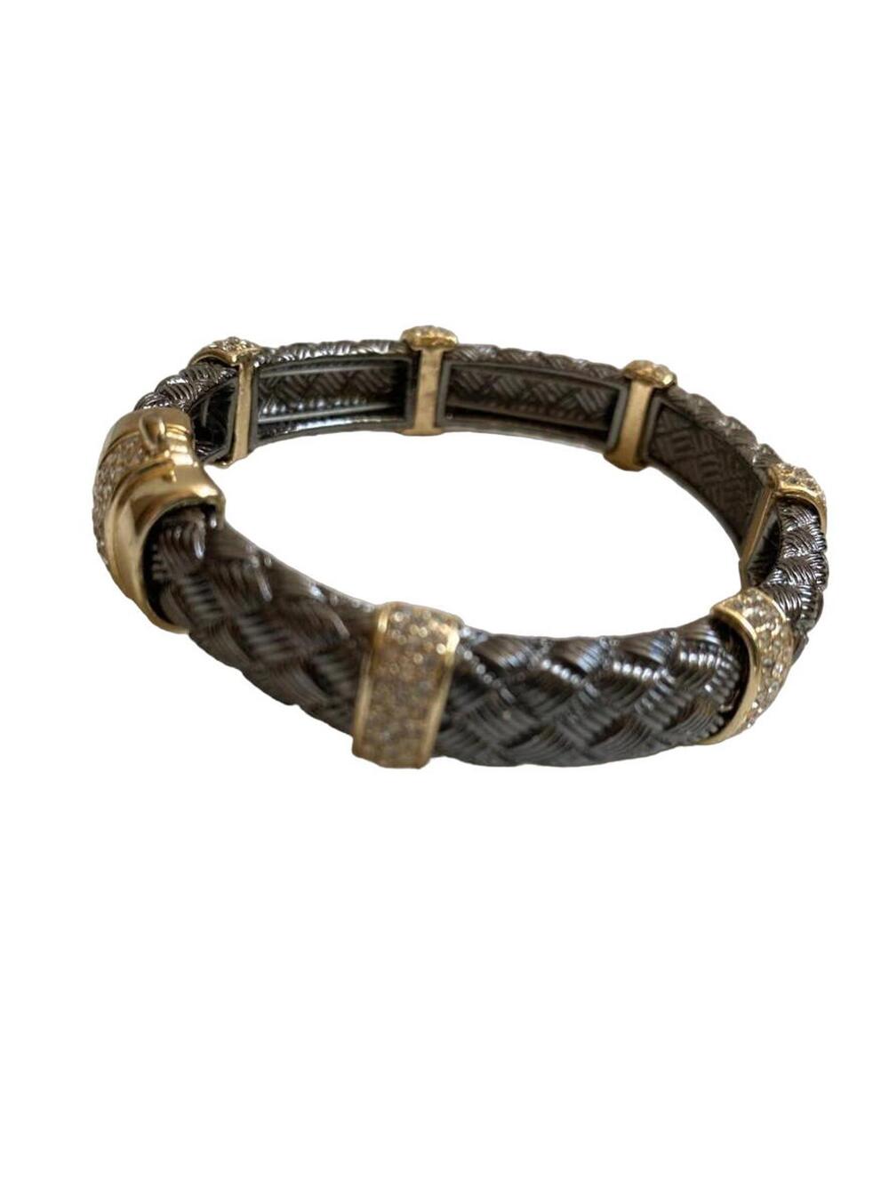 Woven Two Tone Bracelet Magnetic Closure Gray Gold Plated Rhinestones
